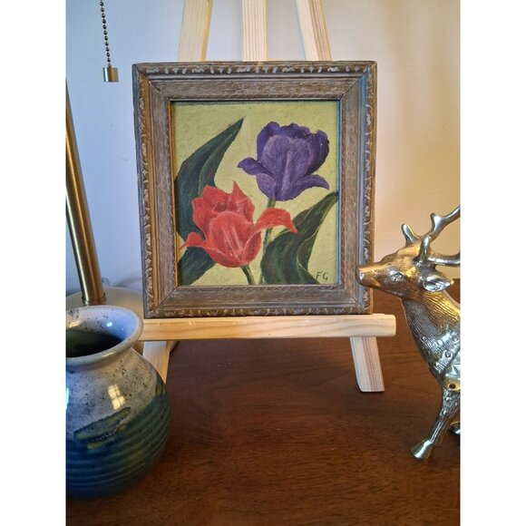 Framed Floral Oil Painting Signed FG Wooden Frame Red Purple Tulips Vintage - Picture 4 of 9